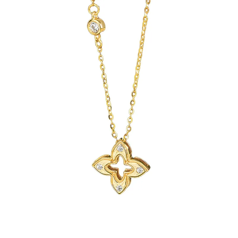Gold-Tone S925 Silver Zircon Four-Leaf Clover Necklace