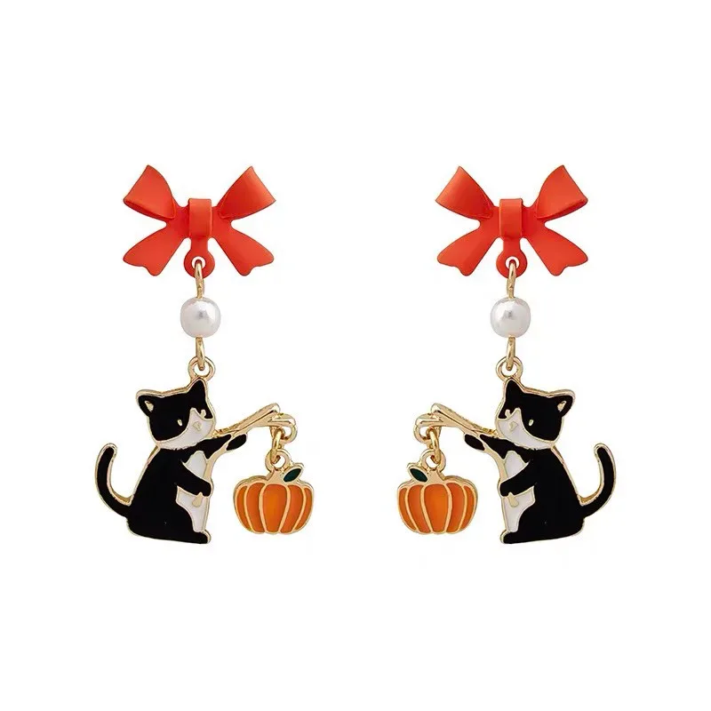 Halloween Pumpkin Cat Bow Silver Post Stud Earrings