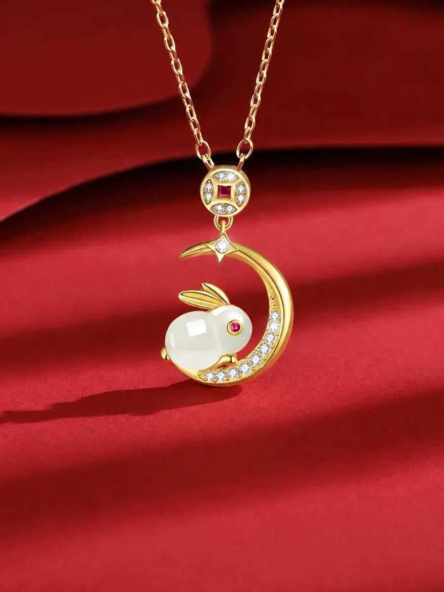 Jade Rabbit Holding the Moon Sparkling Diamond Necklace