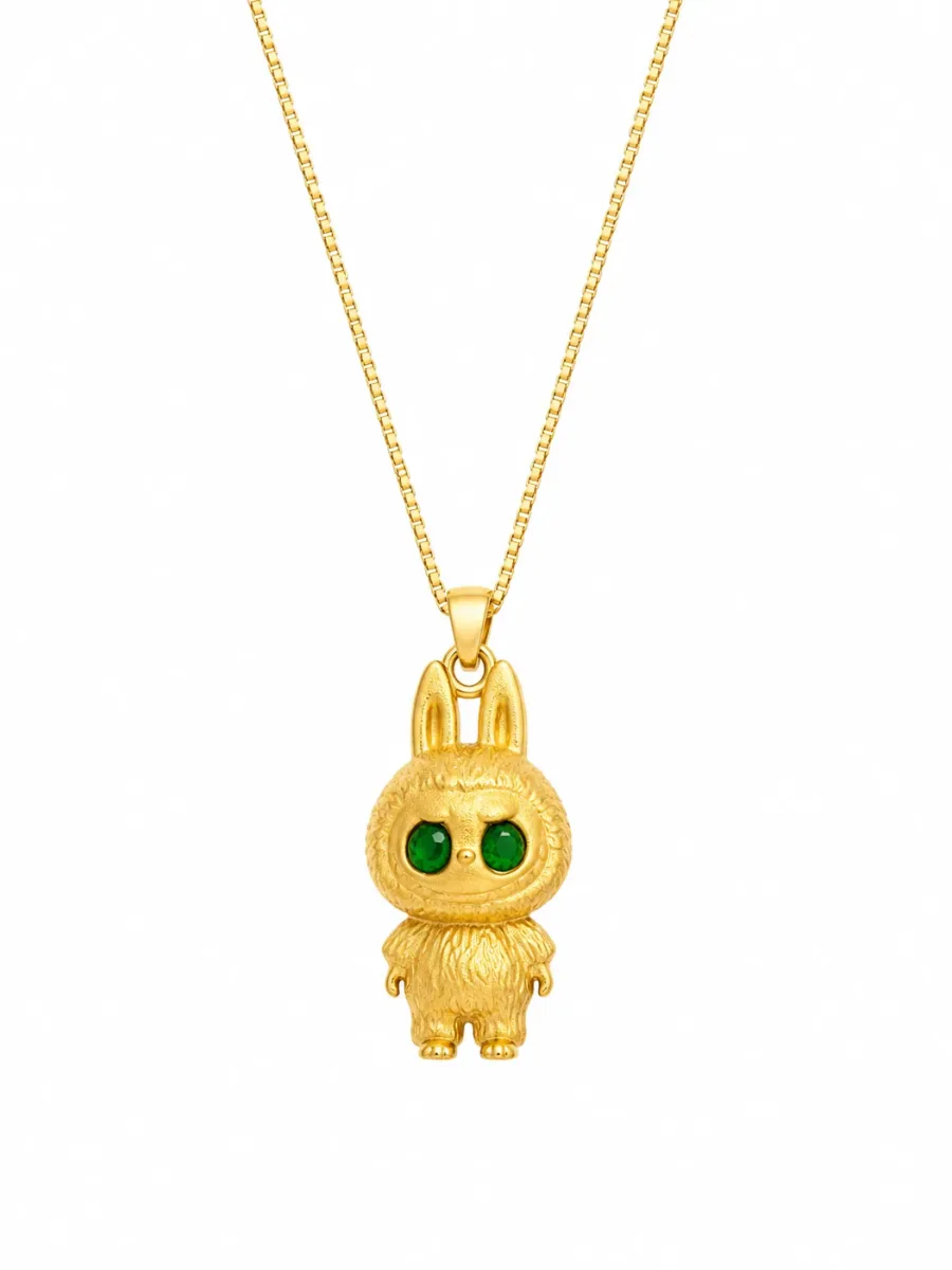 Golden Bunny Green Eye Pendant Necklace
