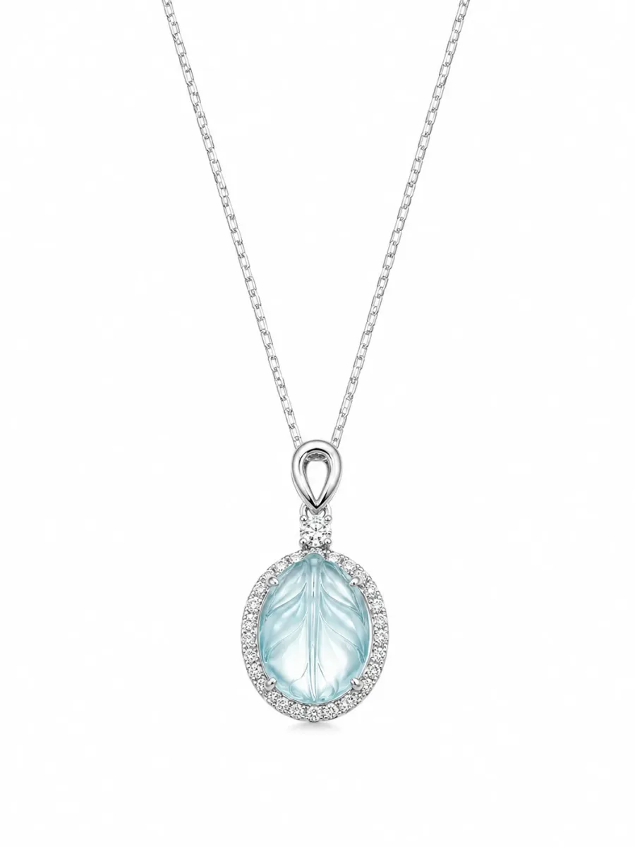 Blue Leaf Engraved Pendant Necklace