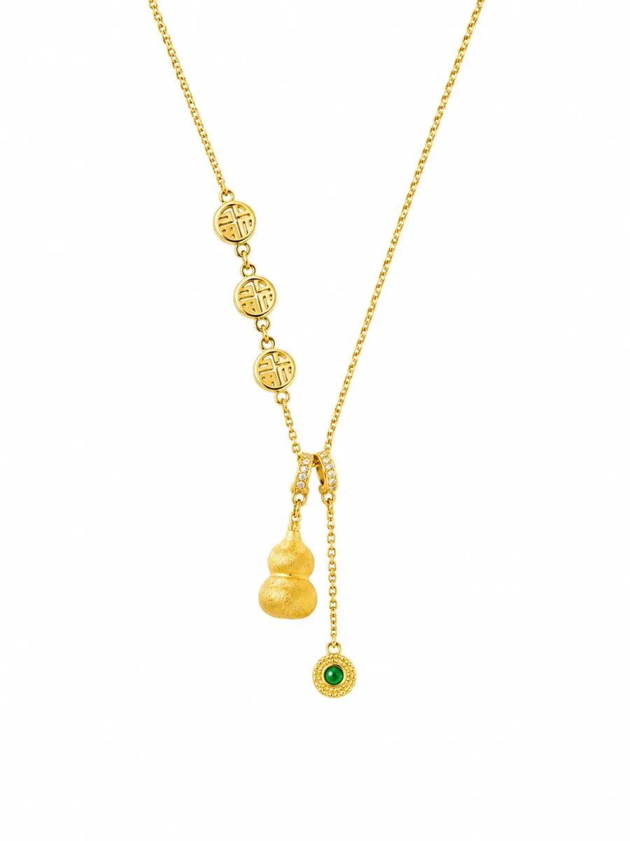 Gold Gourd Greenstone Tassel Necklace