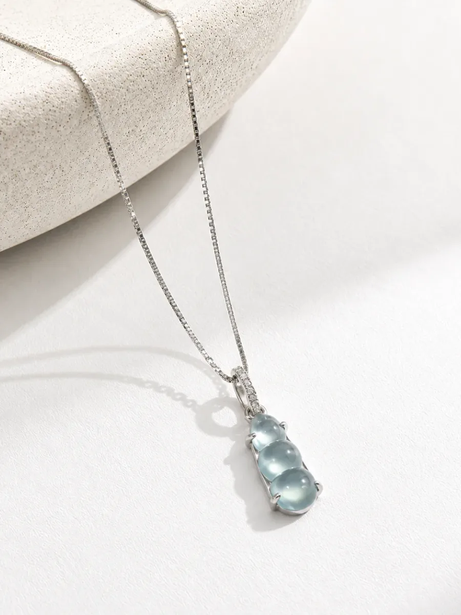 Silver-colored Blue Stone Triple Bead Pendant Necklace