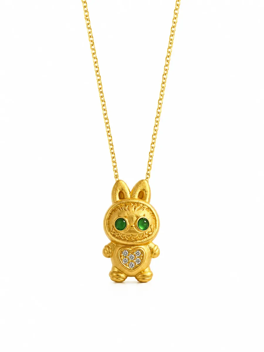 Golden Bunny Green Eyes Necklace