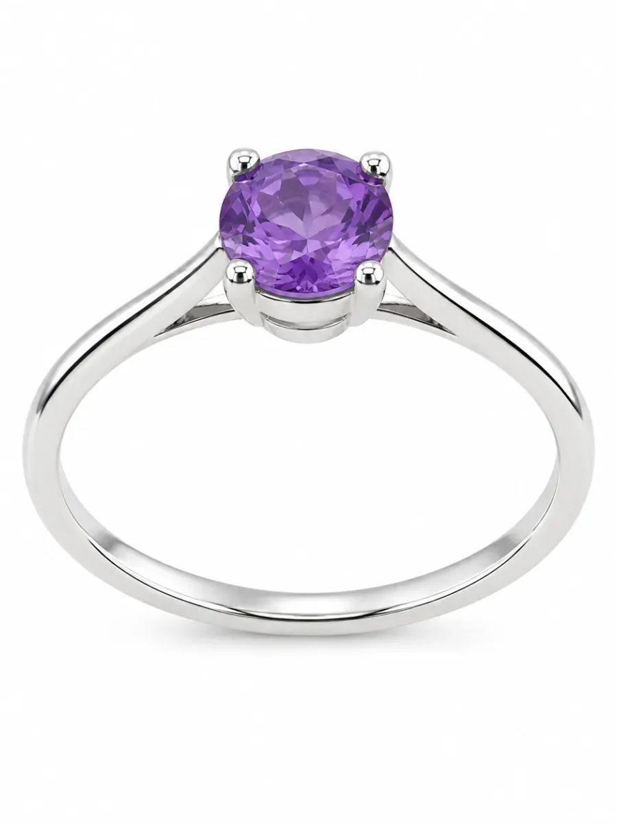 Purple oval main stone four claw silver ring
