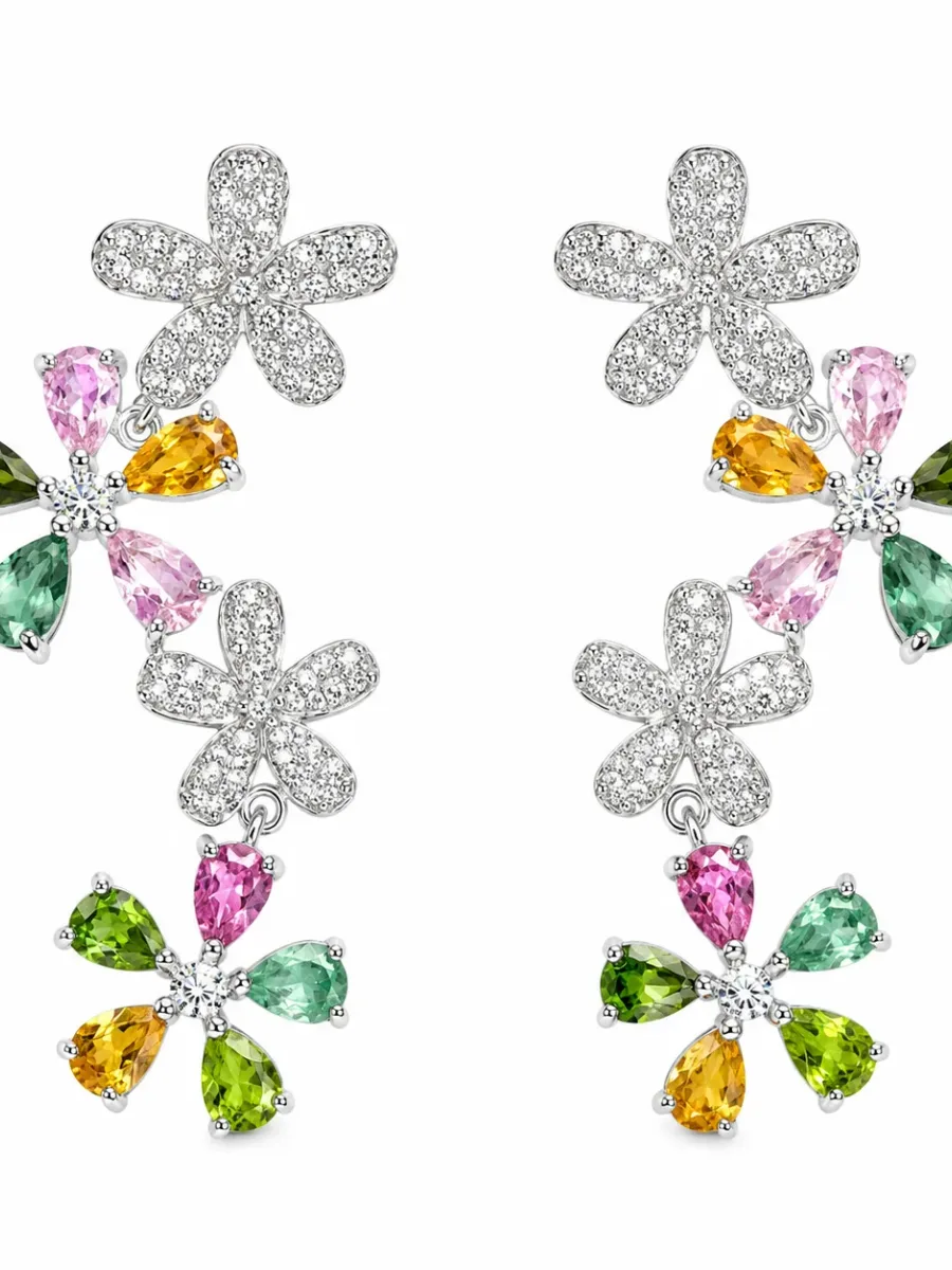 Silver Color Stone Flower Drop Earrings