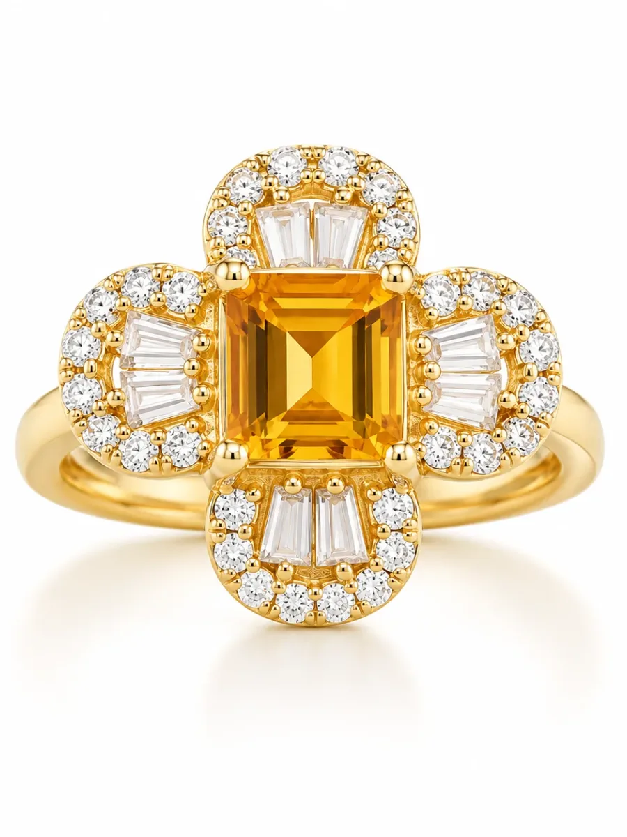 Golden Square Topaz Flower Ring