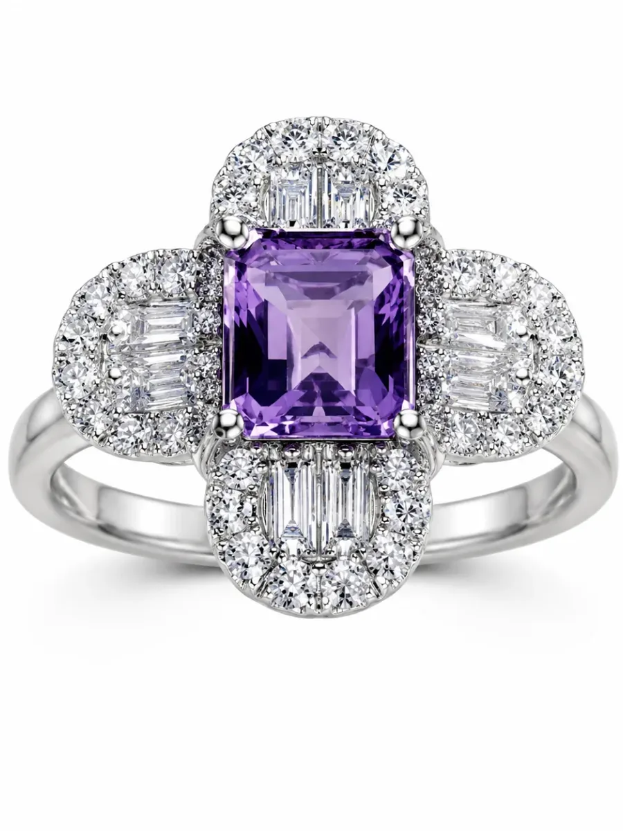 Silver Square Amethyst Flower Ring
