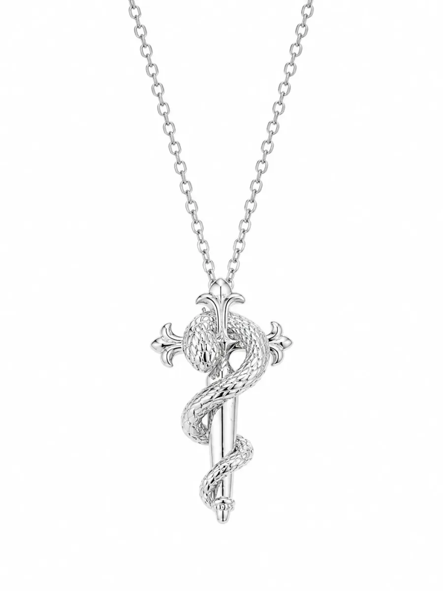 Silver Sword of the Serpent Pendant Necklace