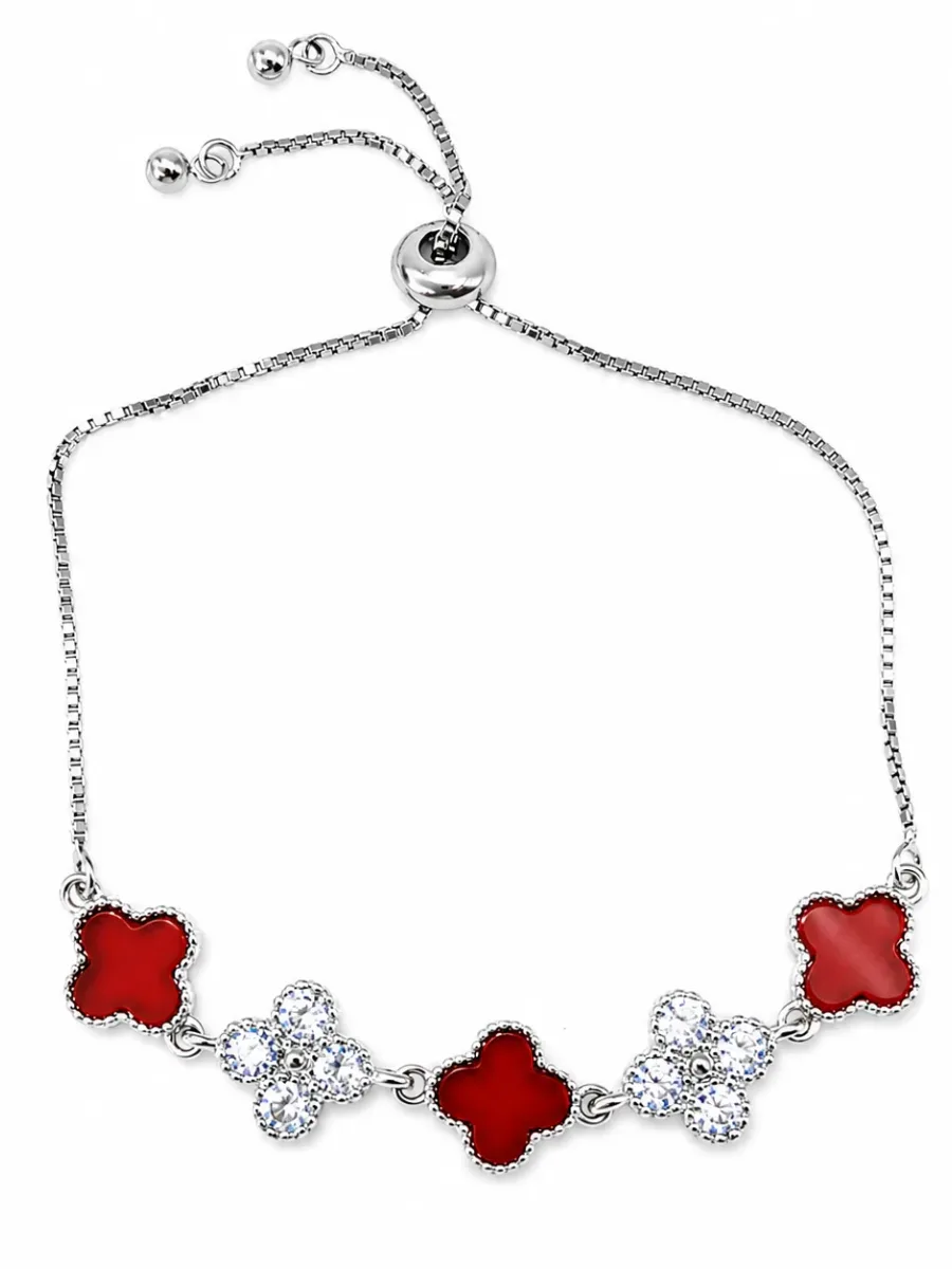 Silver, red and white four-leaf flower bracelet