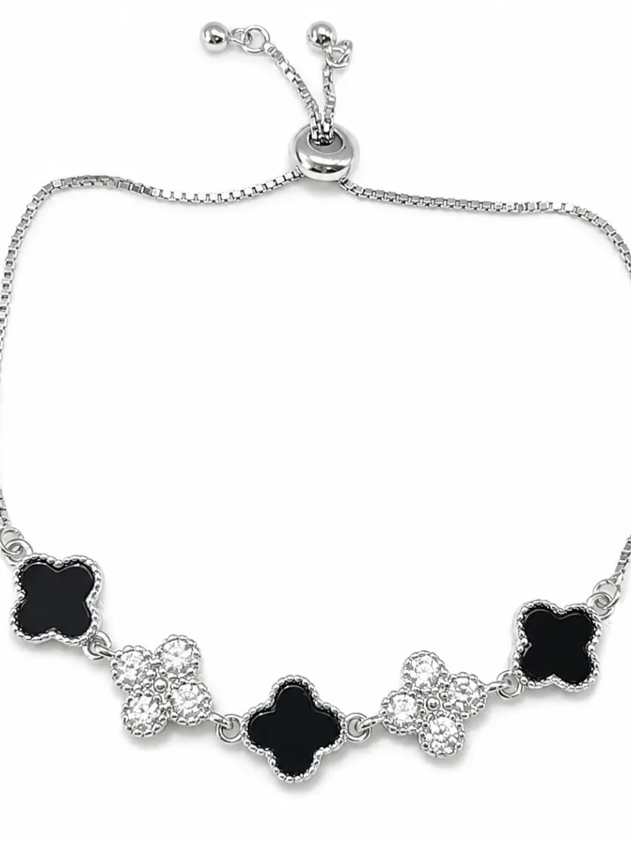 Silver, black and white four-leaf flower bracelet