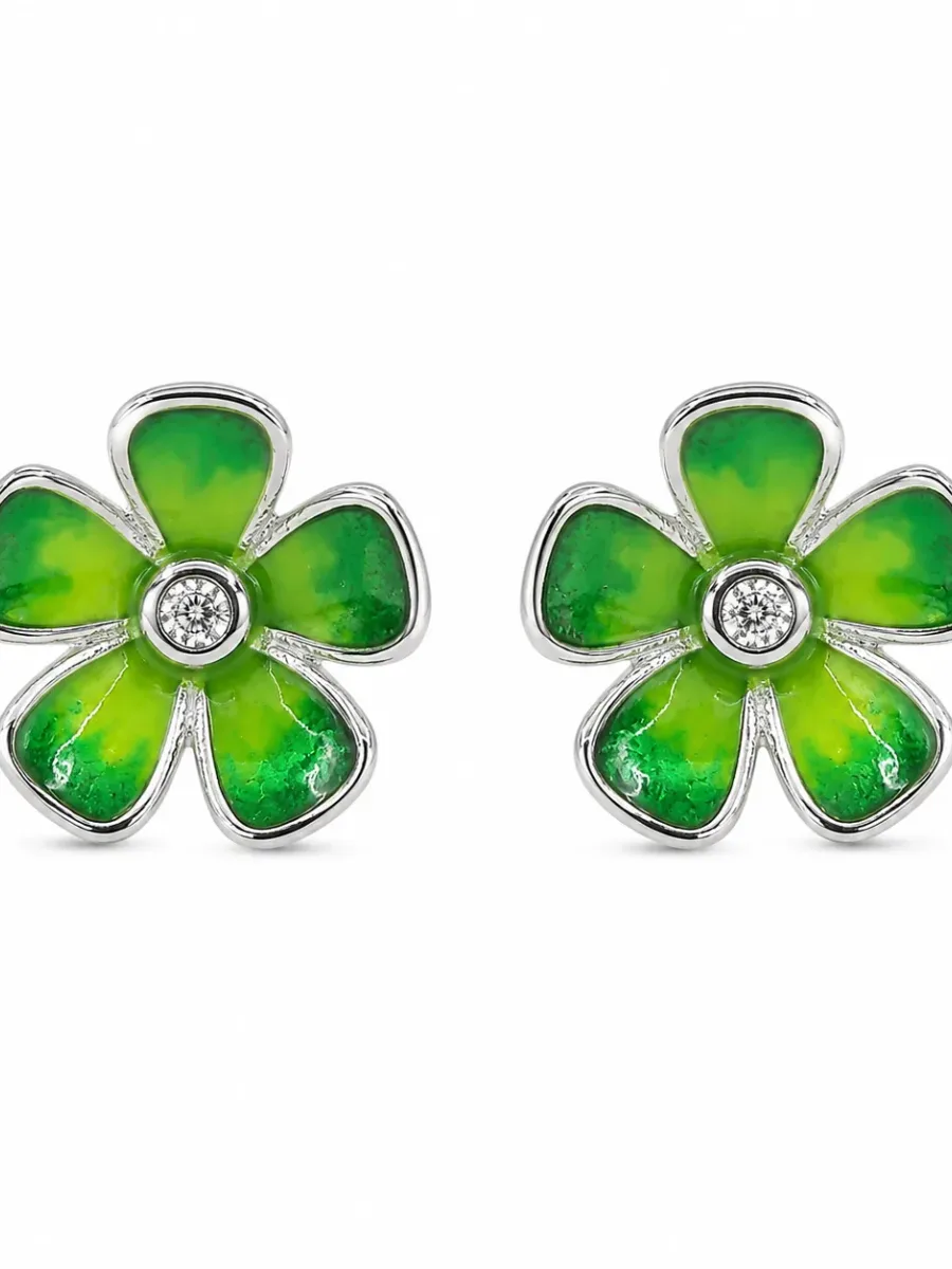 Silver and Green Floral Earrings