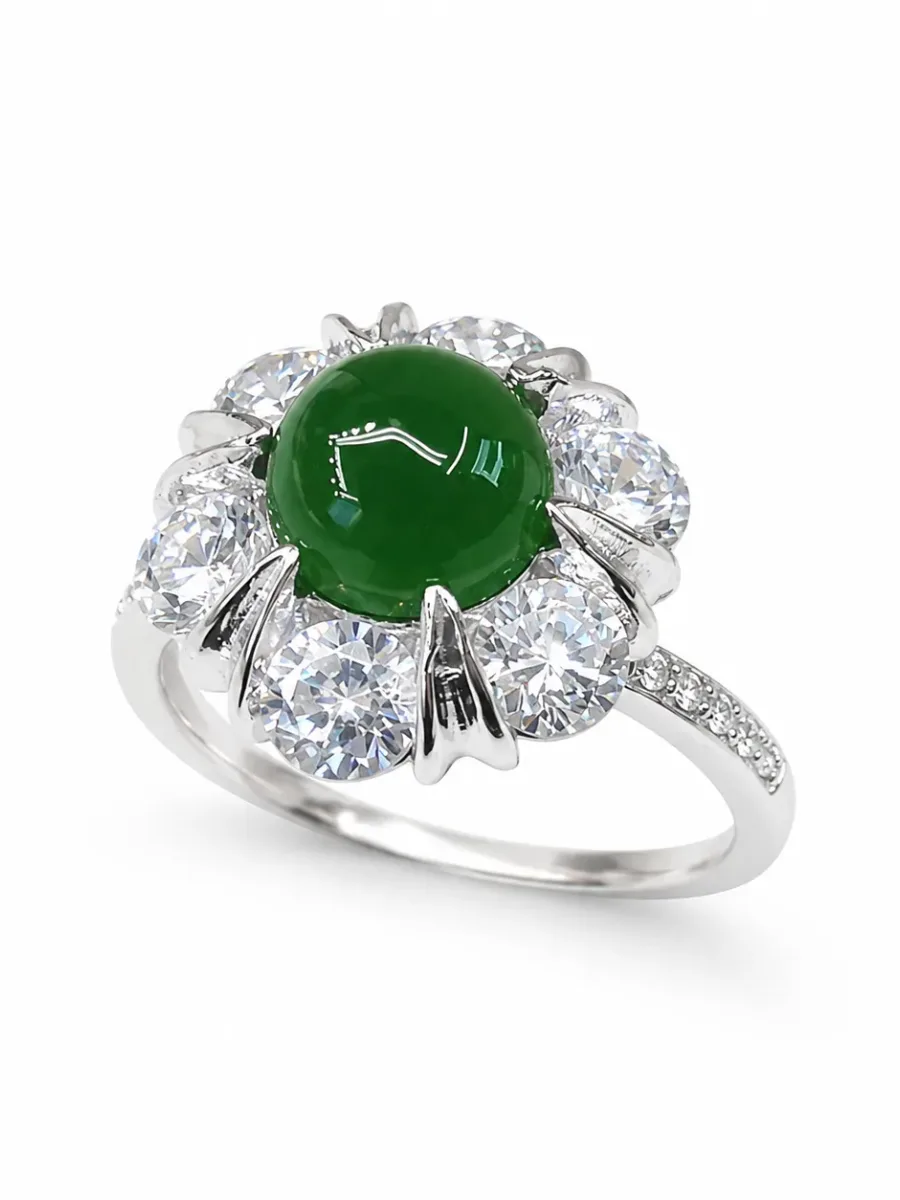 Silver Green Jade Feeling Flower Ring