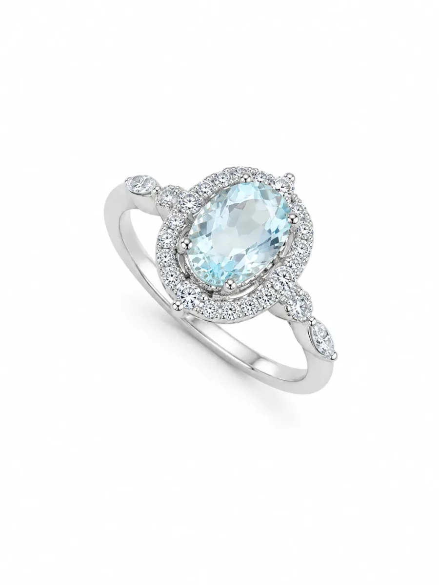 Ice blue oval flower ring in silver color