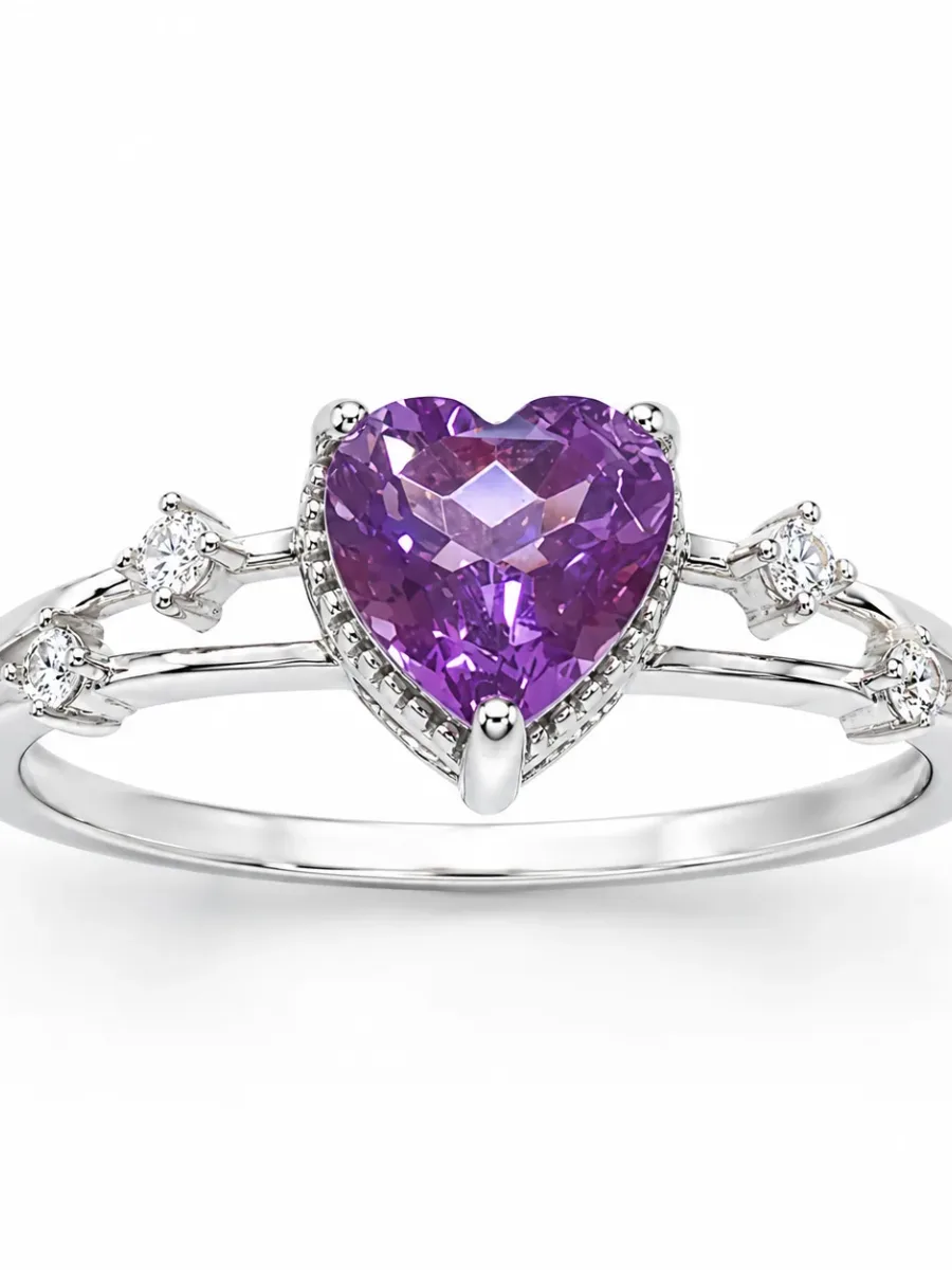 Silver-colored Purple Heart Stones Ring