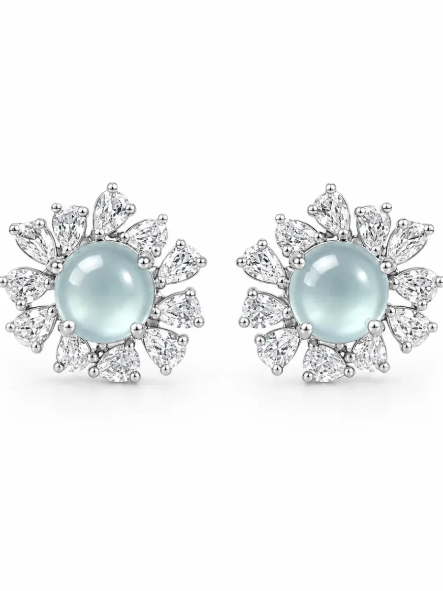 Ice-Blue Jade Flower-Feather Earrings