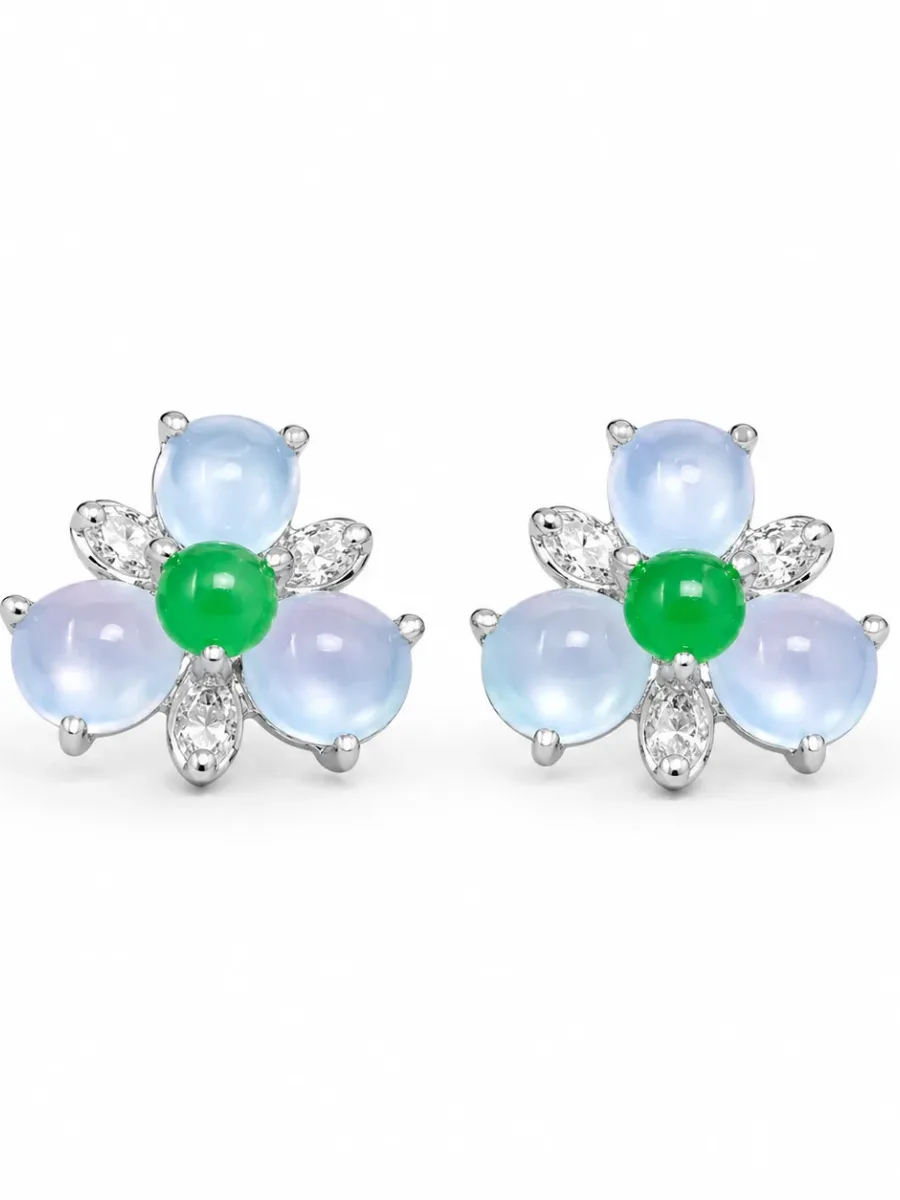 Green-Hearted Ice Flower Burmese Jade Earrings