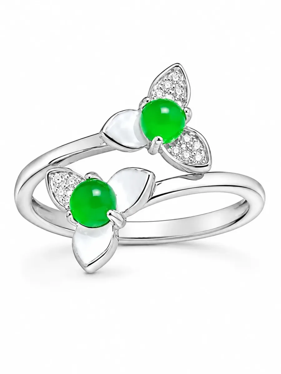 Emerald Open-Band Ring with Two Flowers and a Green Butterfly