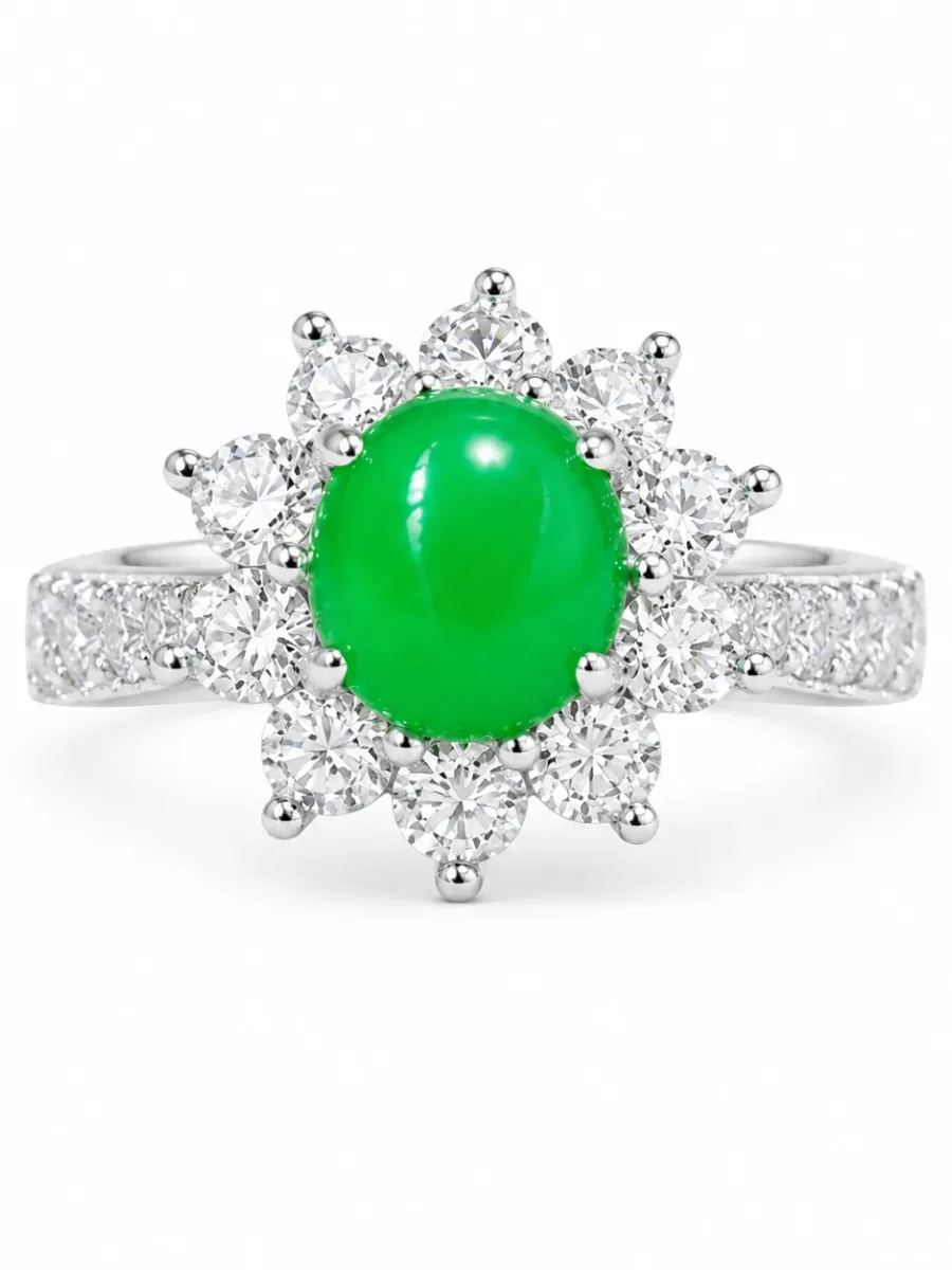 Emerald Ring with a Heart-Shaped Flower Wreath