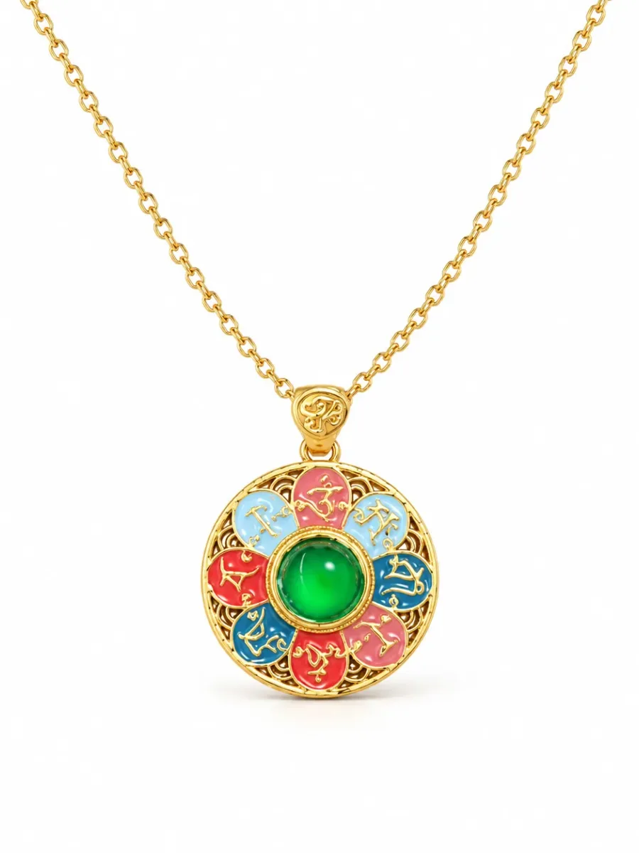 Emerald Necklace with Colorful Lotus Design