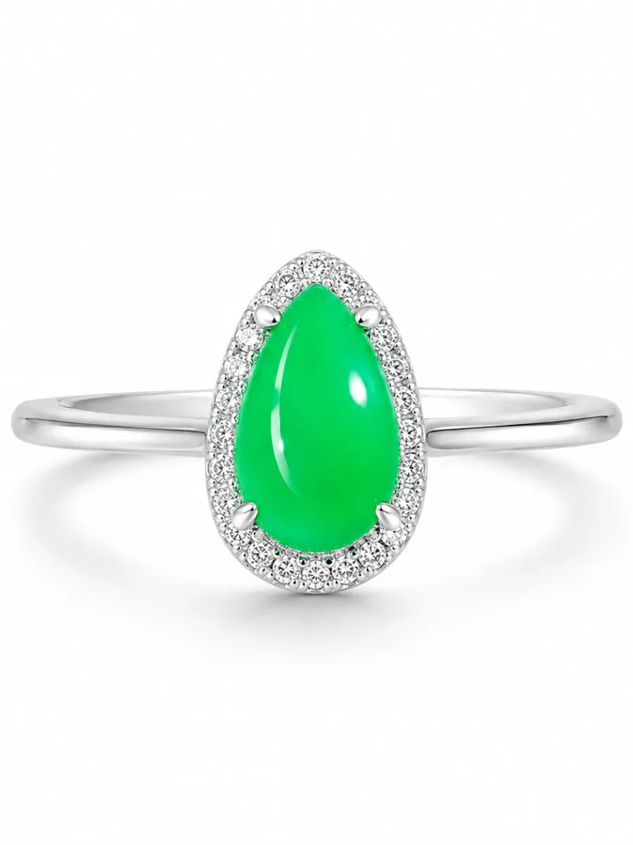 Emerald Ring with a Teardrop-Shaped Halo