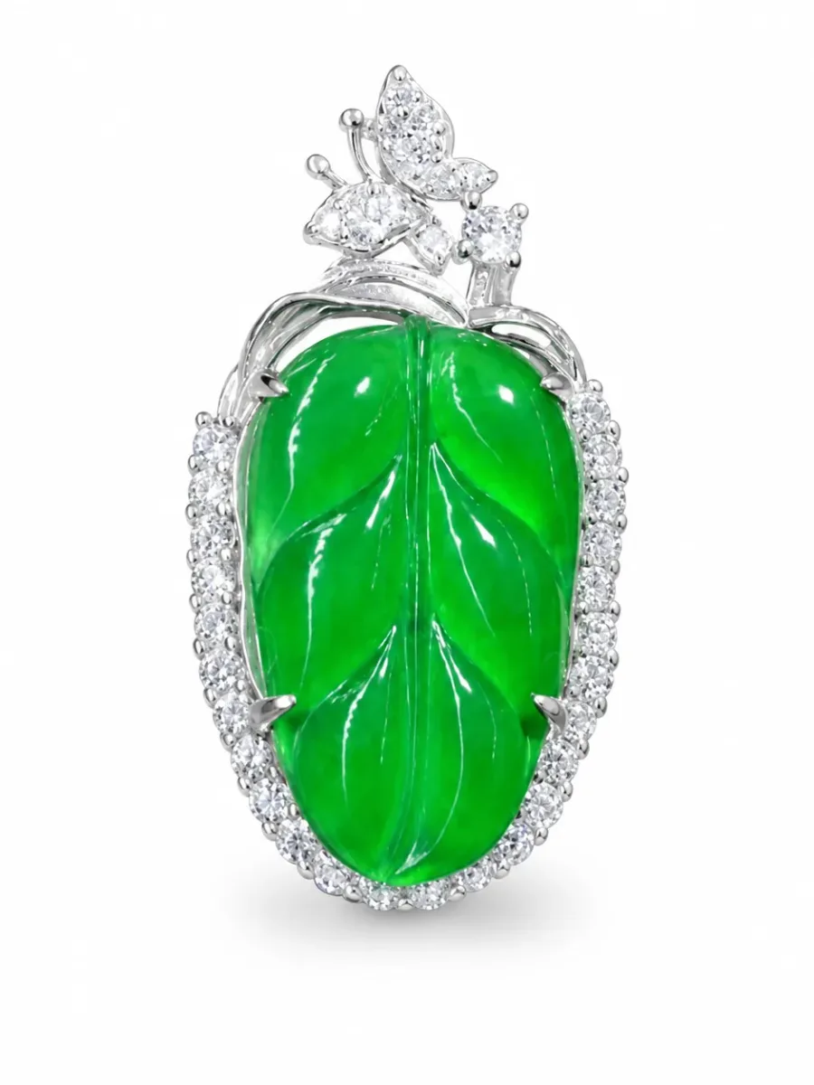 Butterfly and Emerald Leaf Jade Pendant