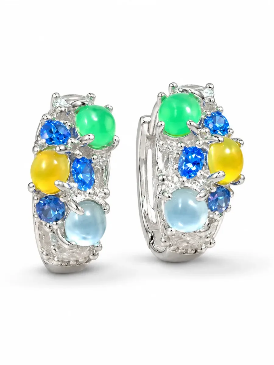 Colorful Star-Patterned Burmese Jadeite Earrings