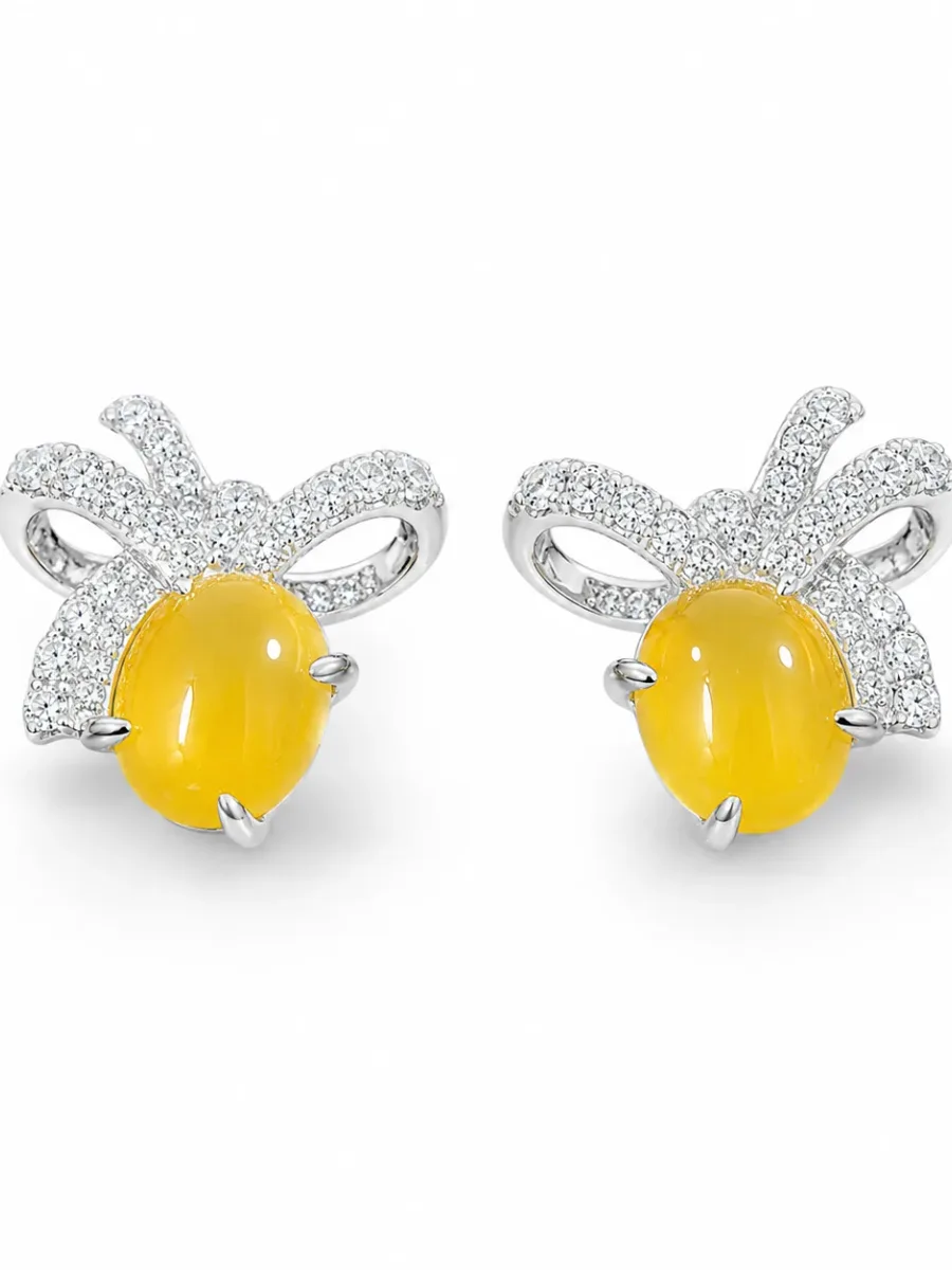 Yellow Jade Earrings with a Bow-Shaped Design