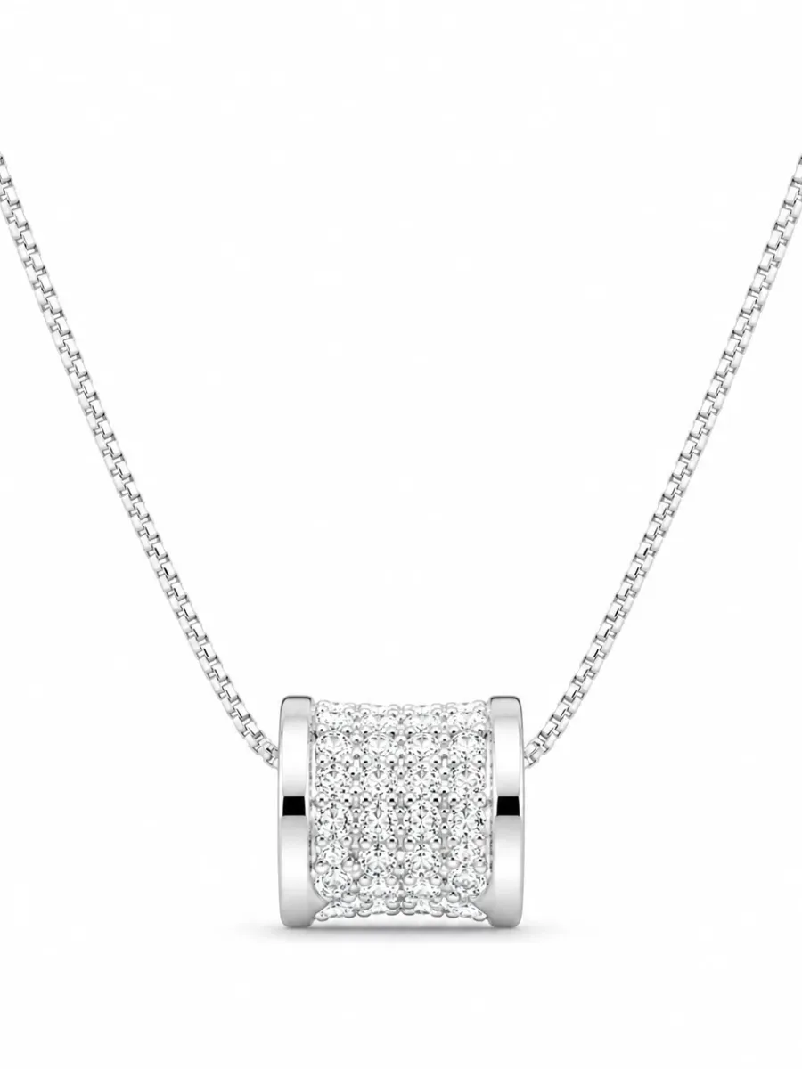 S925 Silver Cylinder Necklace with Closely Set Rhinestones