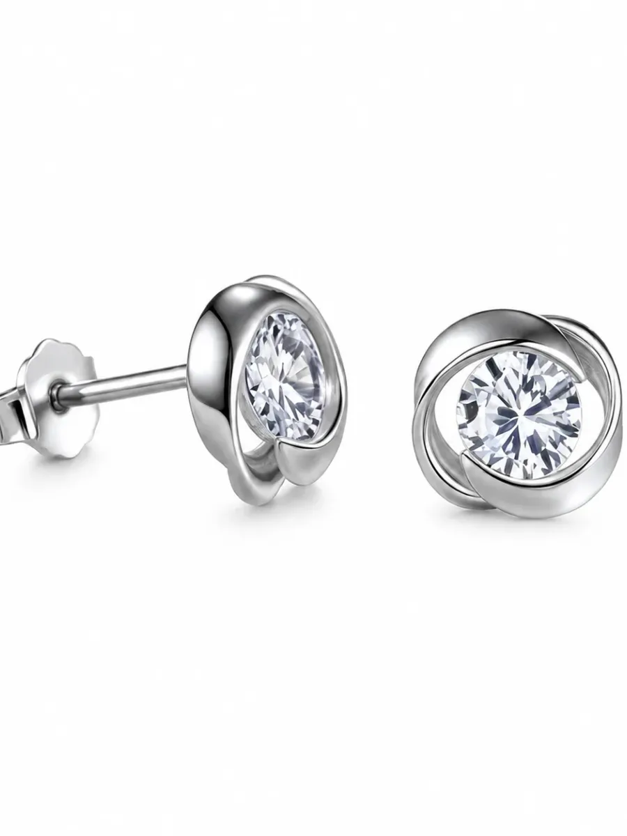 S925 Silver Streamlined Stud Earrings with Rhinestone Inlays