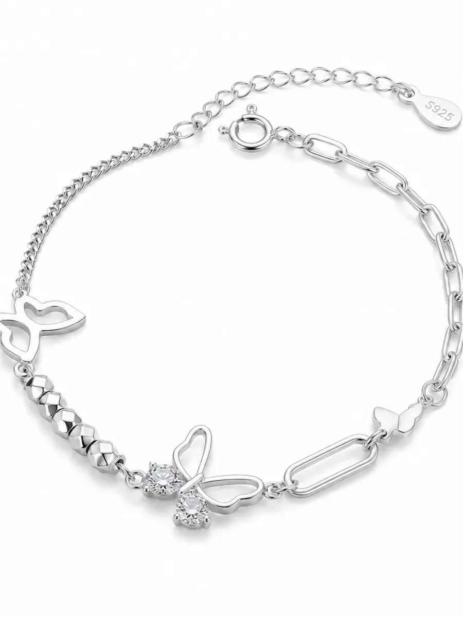 S925 Silver Butterfly Bracelet with Two Rhinestones