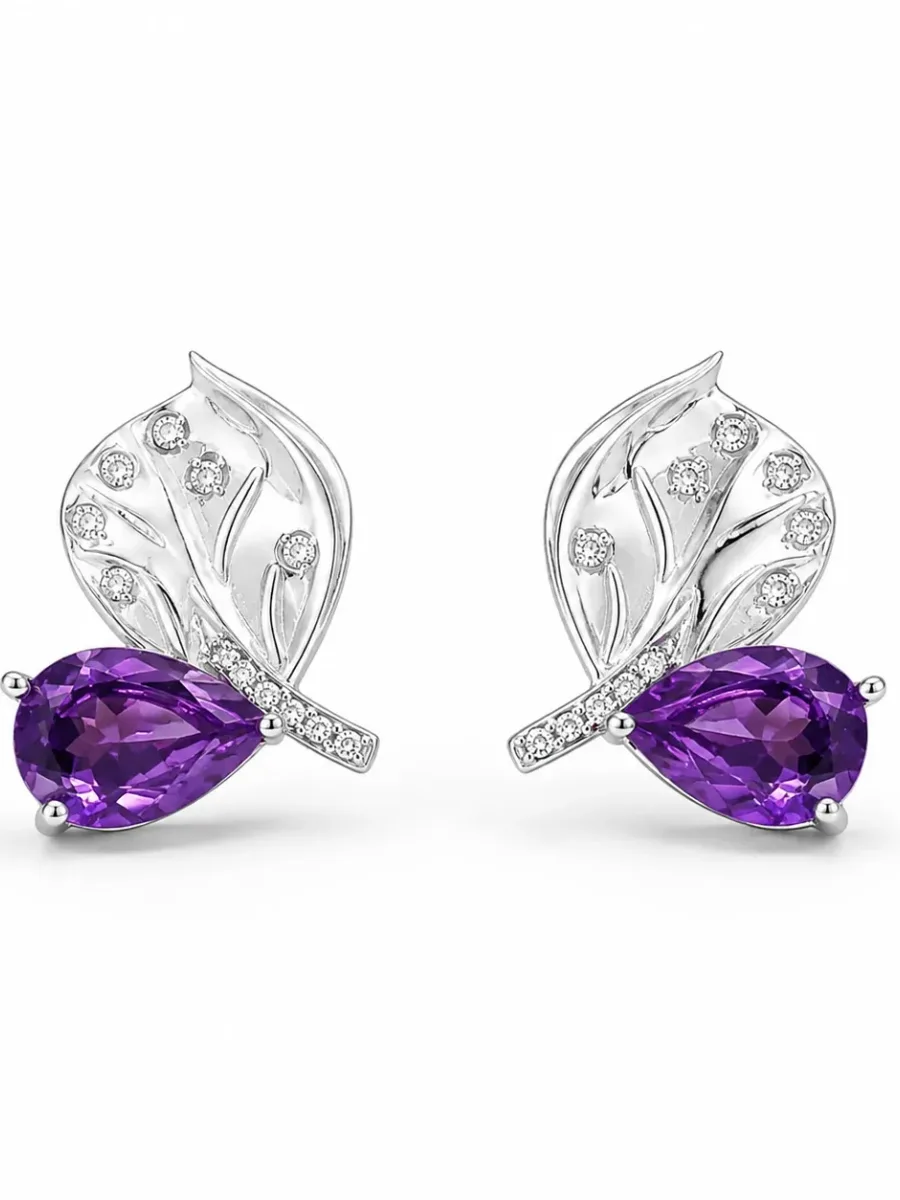 Amethyst Leaf-Shaped Droplet Stud Earrings