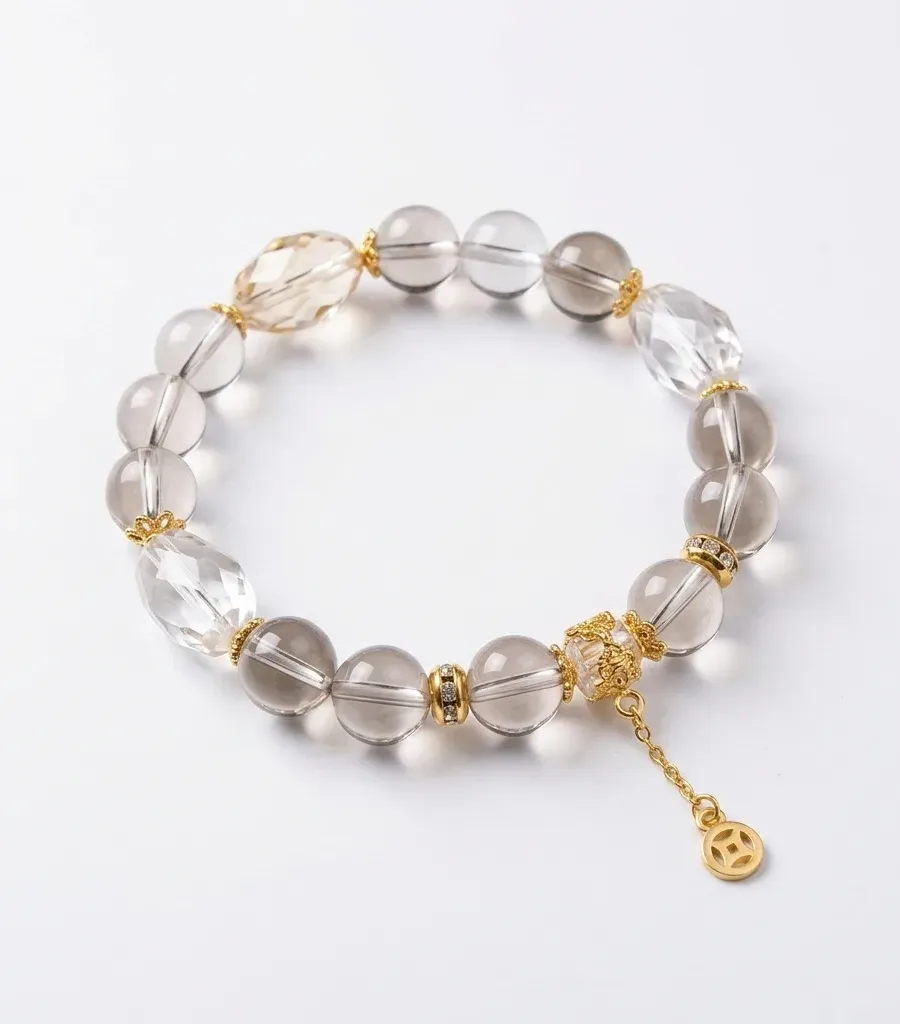 G02#Natural Tea Crystal and Citrine S925 Gold-Plated Copper Coin Pendant Bracelet