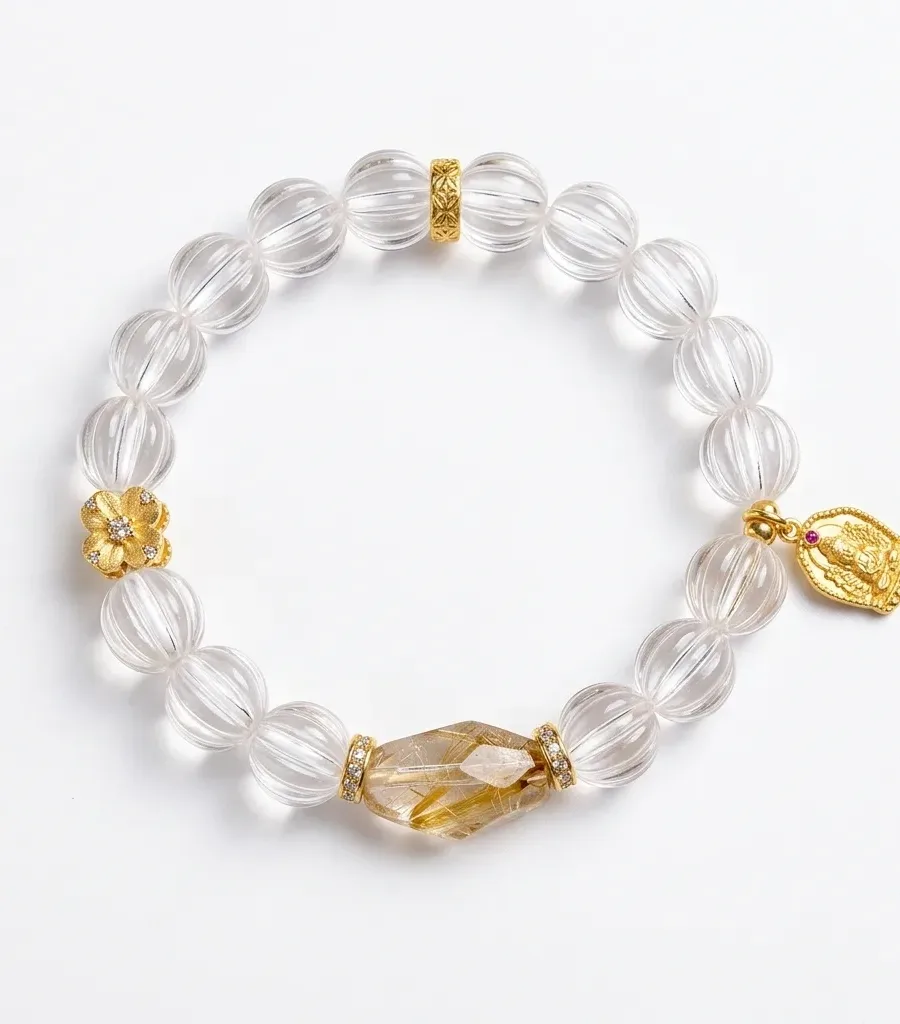 F01#Natural White Quartz Pumpkin Bead, Golden Hair Quartz, S925 Gold-Plated Buddha Amulet Flower Bracelet