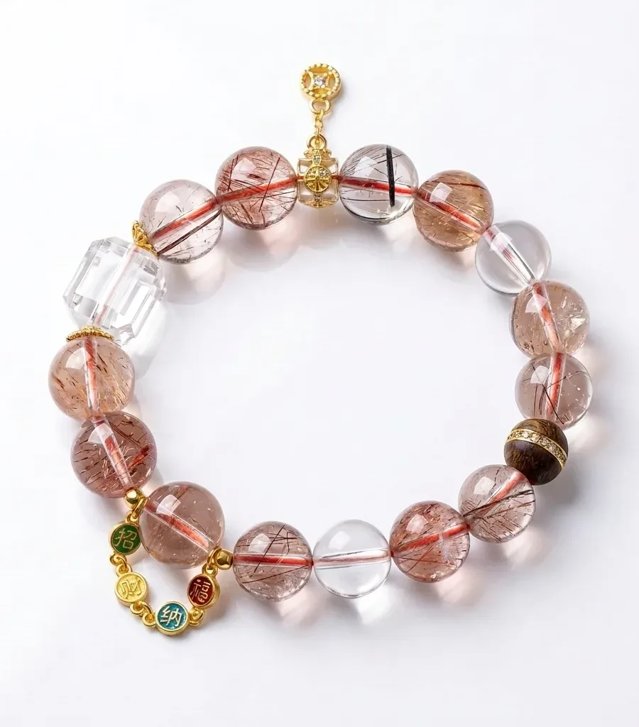 G01#Natural Black Copper, Rutilated Quartz, and White Crystal S925 Gold-Plated Pendant and Bracelet for Attracting Wealth and Good Fortune