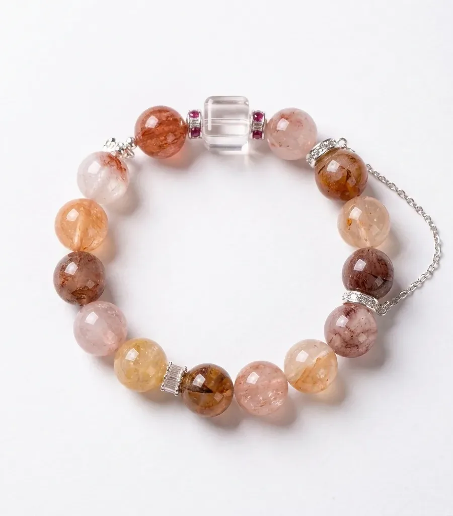 G04#Natural Rubber, Flower-Shaped Crystal, Copper, and Quartz Crystal S925 Sterling Silver Bracelet with Diamond-Set Safety Chain