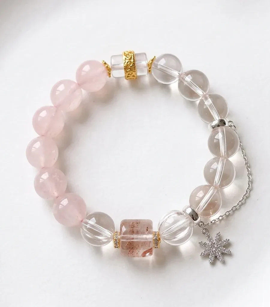 G03#Natural Rose Quartz, Smoky Quartz, and Resin Flower Crystal S925 Gold-Plated Flower Pendant Bracelet