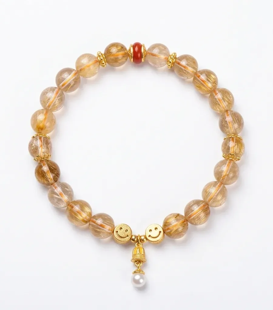 S07#Natural Citrine and Golden Rutilated Quartz S925 Gold-Plated Smiling Face Pearl Pendant Bracelet