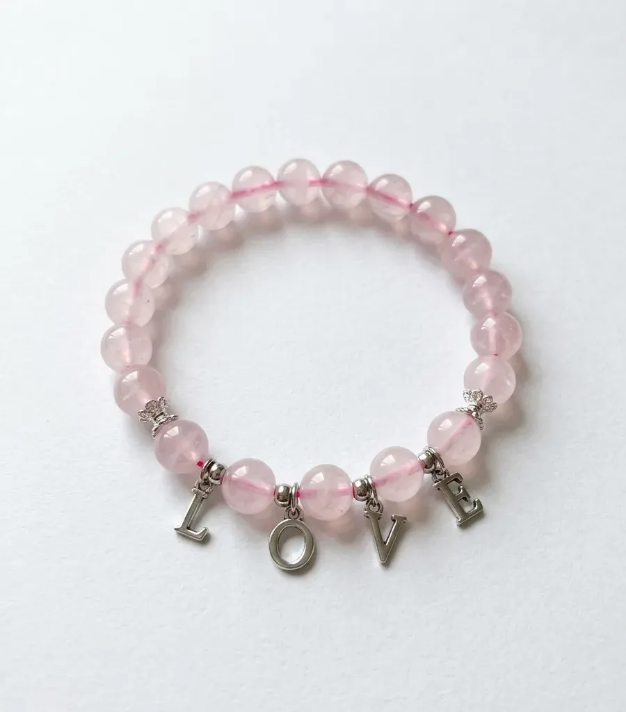 S15# Natural Rose Quartz S925 Sterling Silver "LOVE" Letter Pendant Bracelet