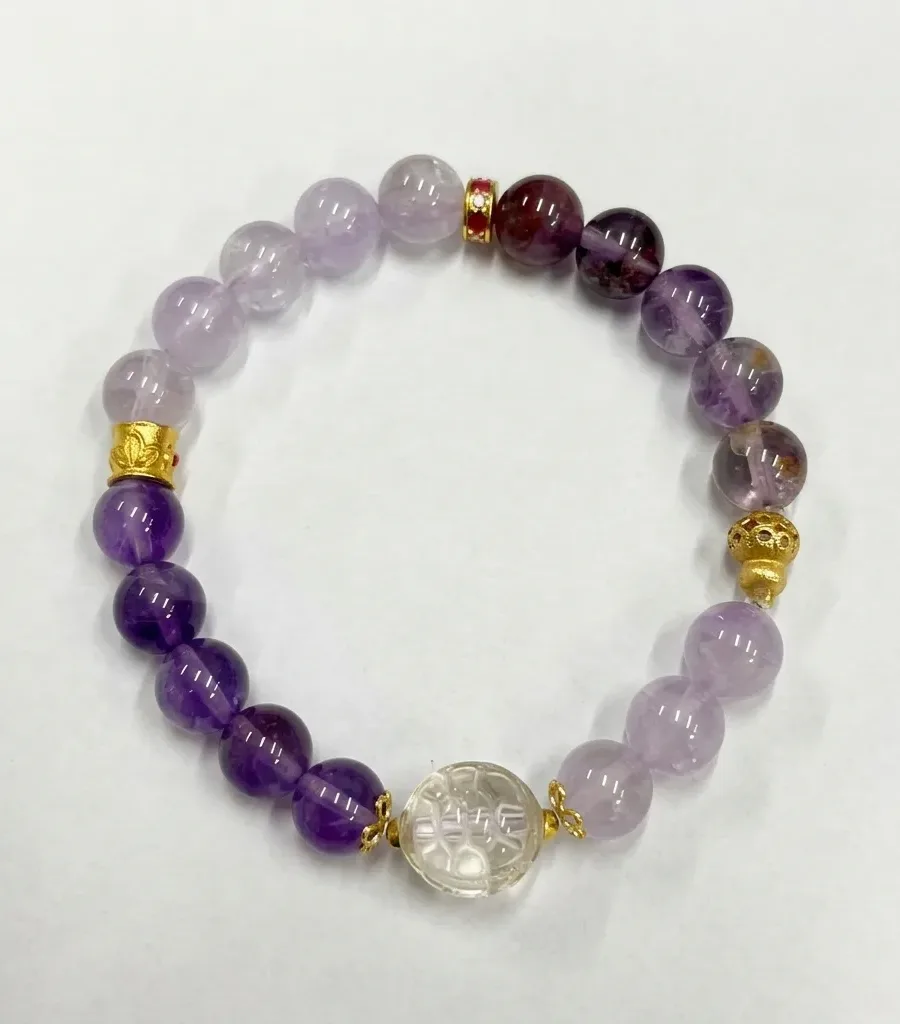 S03#Natural, Dreamy Amethyst: Uruguayan Amethyst S925 Gold-Plated Bracelet with "Fu" Character Engraved Center Bead