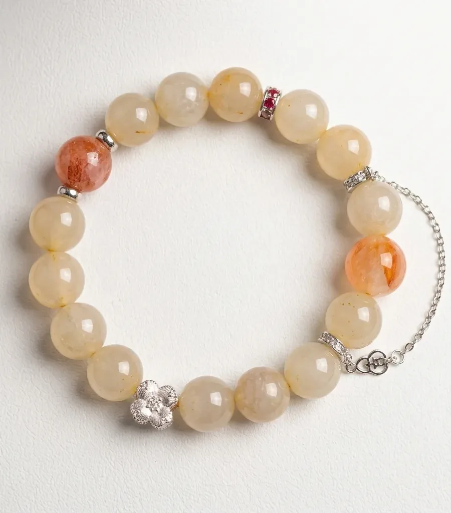 G11#Natural Citrine and Golden Sunstone S925 Sterling Silver Plum Blossom Safety Chain Bracelet