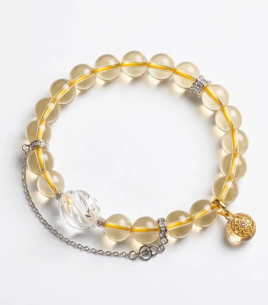 G09#Natural Citrine and Twisted White Quartz S925 Sterling Silver Safety Chain with Gold-Plated Lucky Ball Pendant Bracelet