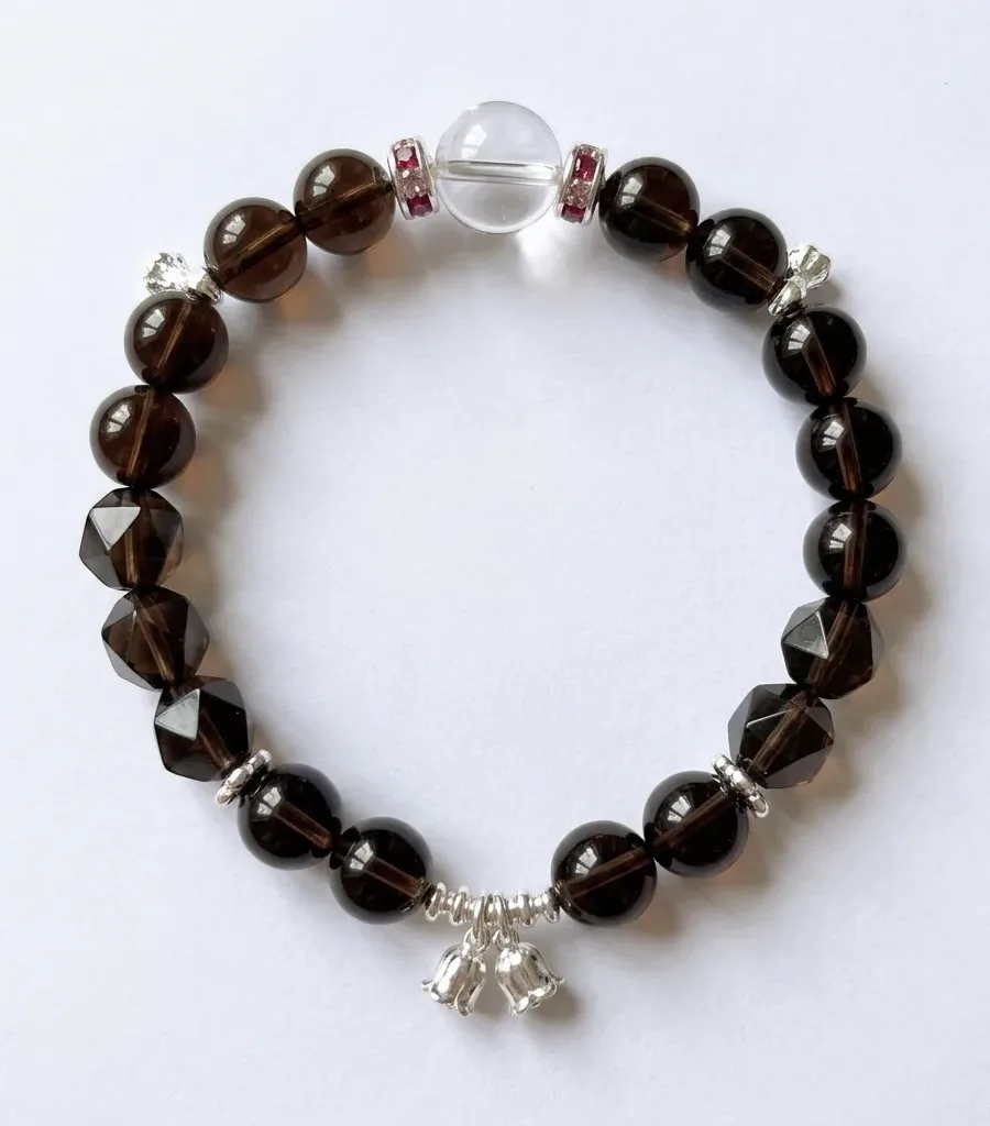 S01#Natural Black Tea Crystal Faceted Obsidian S925 Sterling Silver Lily of the Valley Pendant Bracelet