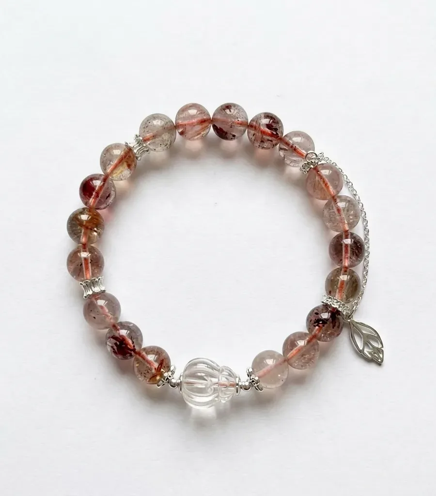 G08#Natural Copper-Colored Rutilated Quartz and Strawberry Quartz S925 Sterling Silver Leaf Pendant with Safety Chain Bracelet