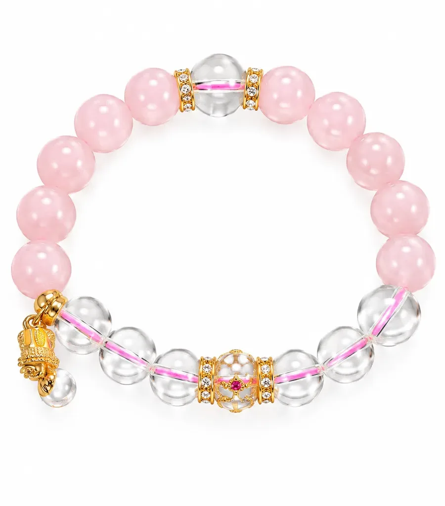 S02#Natural Rose Quartz and Clear Quartz S925 Gold-Plated Pi Xiu Openwork Ball Pendant Bracelet