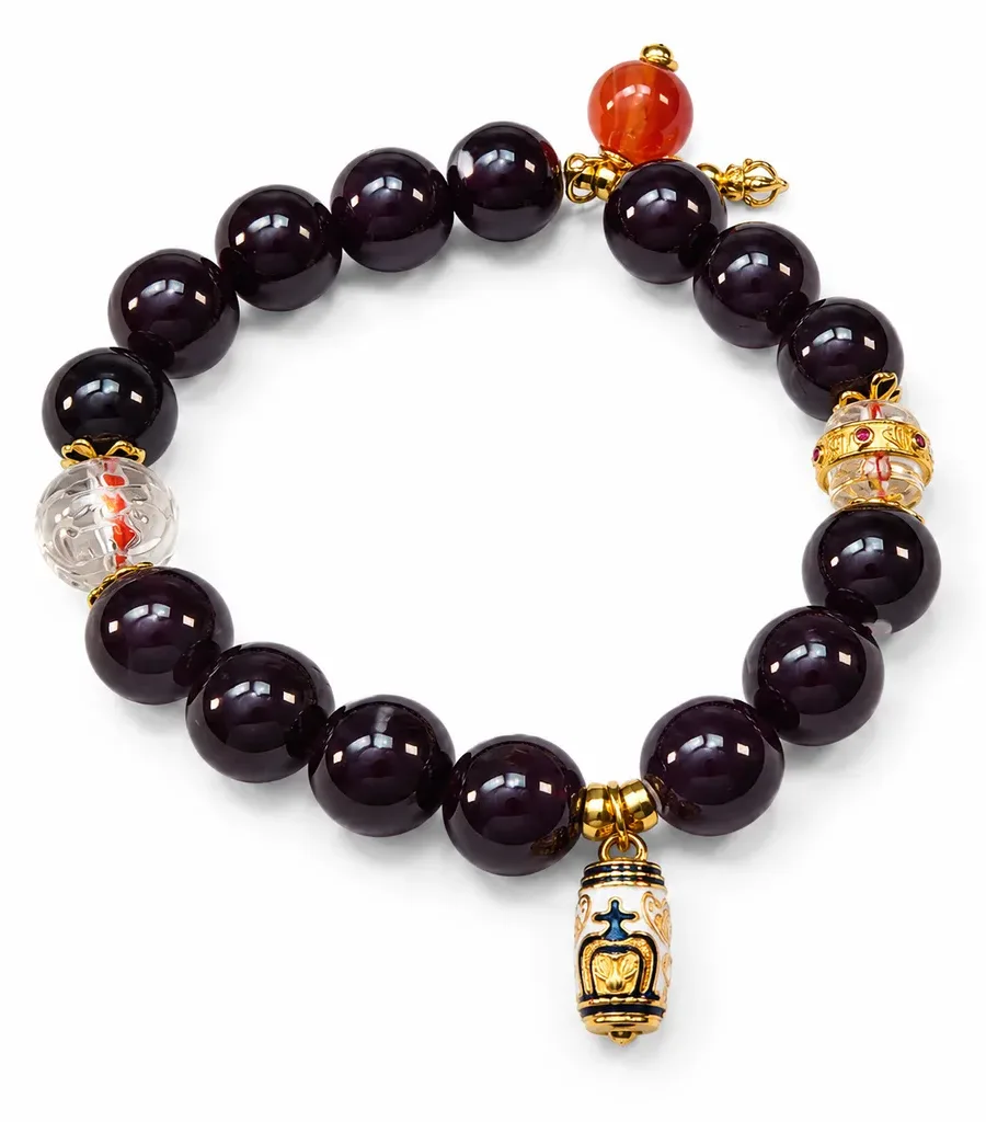 G06#Natural Burgundy Garnet, S925 Gold-Plated Cloisonné Prayer Wheel, Red Agate Vajra Pendant Bracelet
