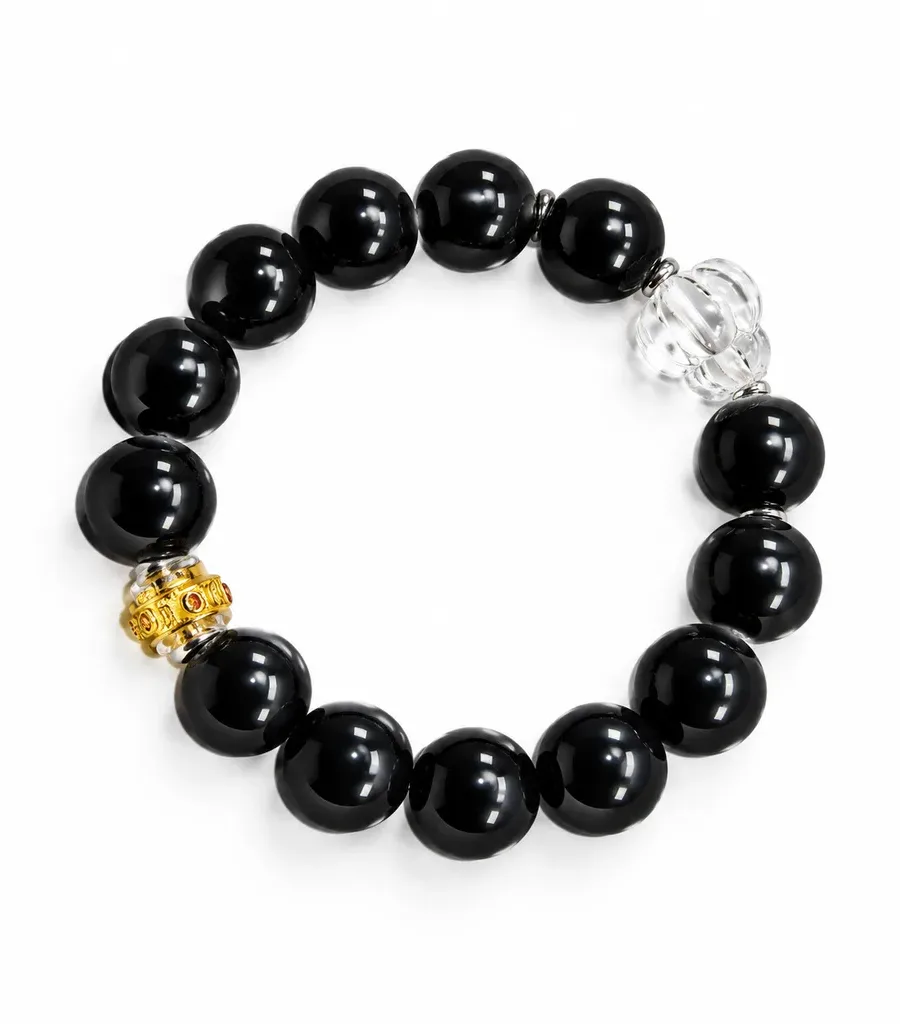 S05# Natural Obsidian and Clear Quartz Pumpkin Bead S925 Silver Gold-Plated Six-Syllable Mantra Good Luck Bracelet