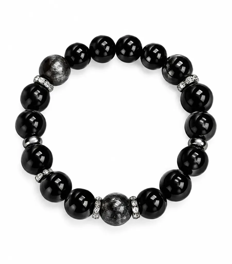 S06# Natural Obsidian, Black Rutilated Quartz, and Silver Obsidian S925 Sterling Silver Micro-Set Rhinestone Bracelet