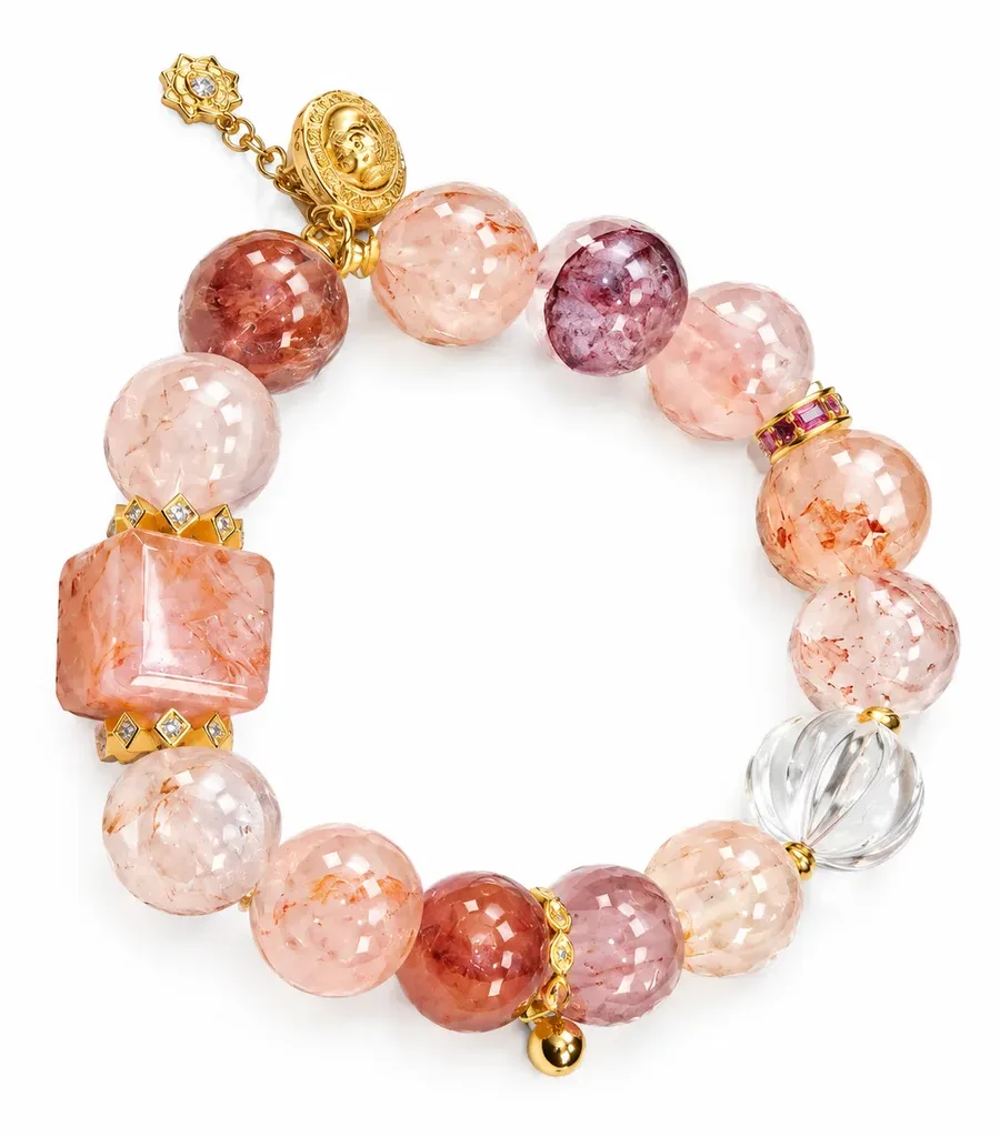 G05# Natural Multicolored Resin Flower, Crystal Strawberry Quartz, S925 Gold-Plated Square Main Bead, Coin-Shaped Pendant Bracelet