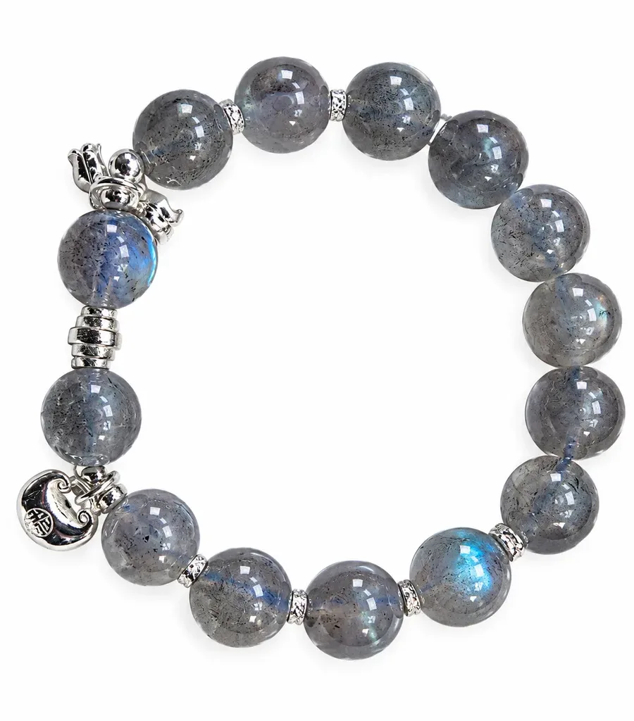 S09# Natural Blue-Light Gray Moonstone and Tourmaline S925 Sterling Silver Auspicious Clouds Lucky Bag Pendant Bracelet